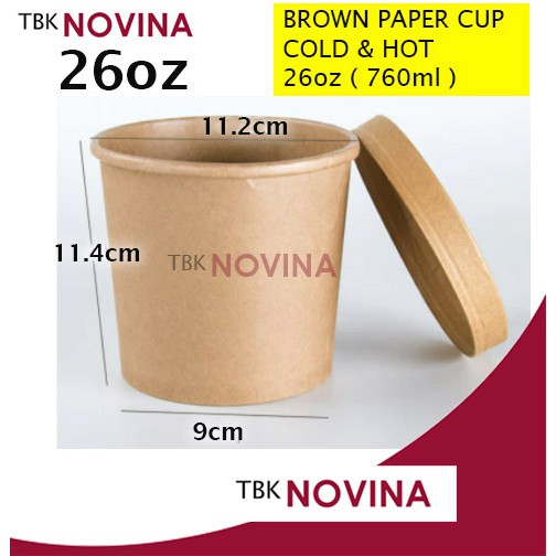 [ECER] Paper Cup 26 oz + Tutup Gelas Es Krim Brown Paper Cup ( Bisa untuk Panas &amp; Dingin)