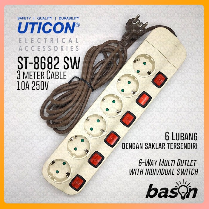 UTICON ST8682SW + 6 Lubang + Kabel 3 Meter - Stop Kontak + Saklar Individual