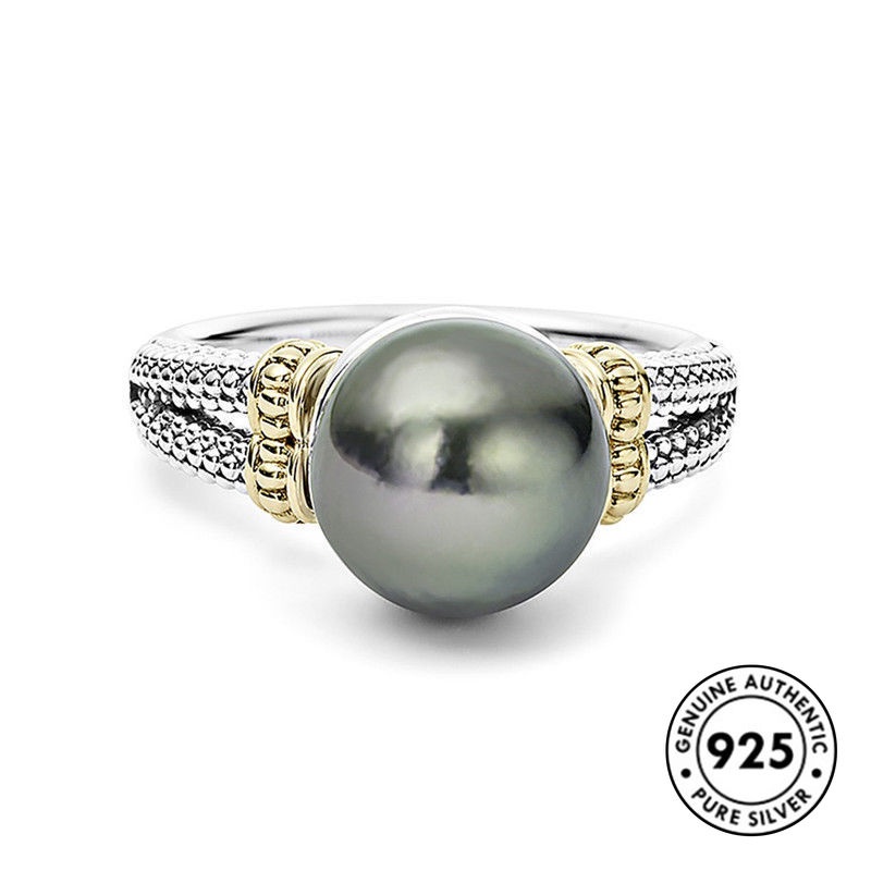 Cincin Mutiara Bulat Warna Abu-Abu Bahan S925 Silver