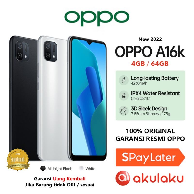 OPPO A16K RAM 4/64GB 100% BARU ORIGINAL BERGARANSI RESMI 1TH