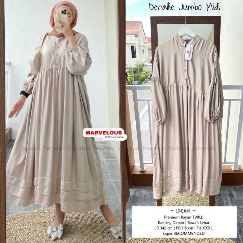 DENALLIE MIDI DRESS by Marvelous ; Gamis dress JUMBO rayon twill PREMIUM berkualitas lengan balon pu