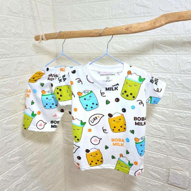 (Min 3pcs @35.000) Setelan kaos baju anak Boba Milk &amp; Dino