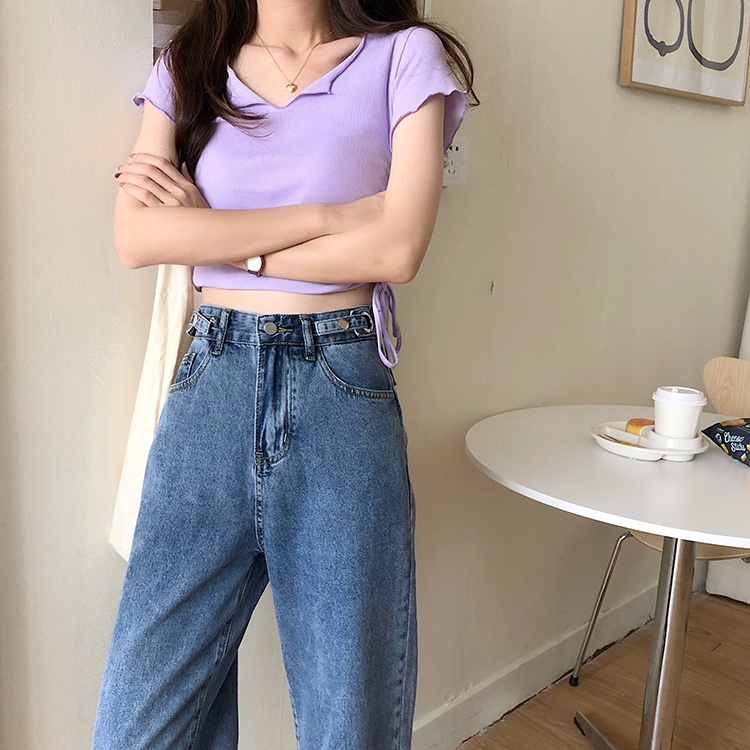 Celana jeans wanita loose high waist straight denim pants