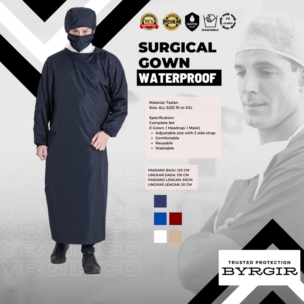 BYRGIR Surgical Gown biru Baju Bedah Gaun Operasi Medis Set Lengkap Waterproof APD Lengan Panjan