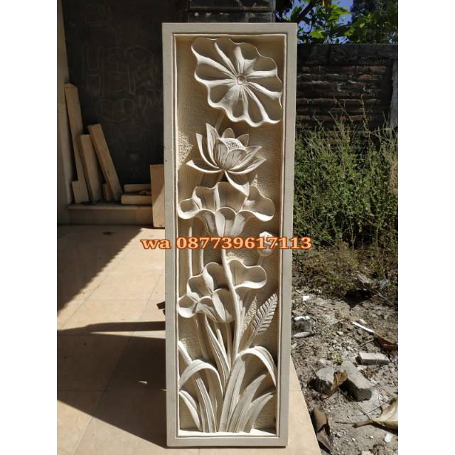 Relief batu paras jogja ornamen motif bunga