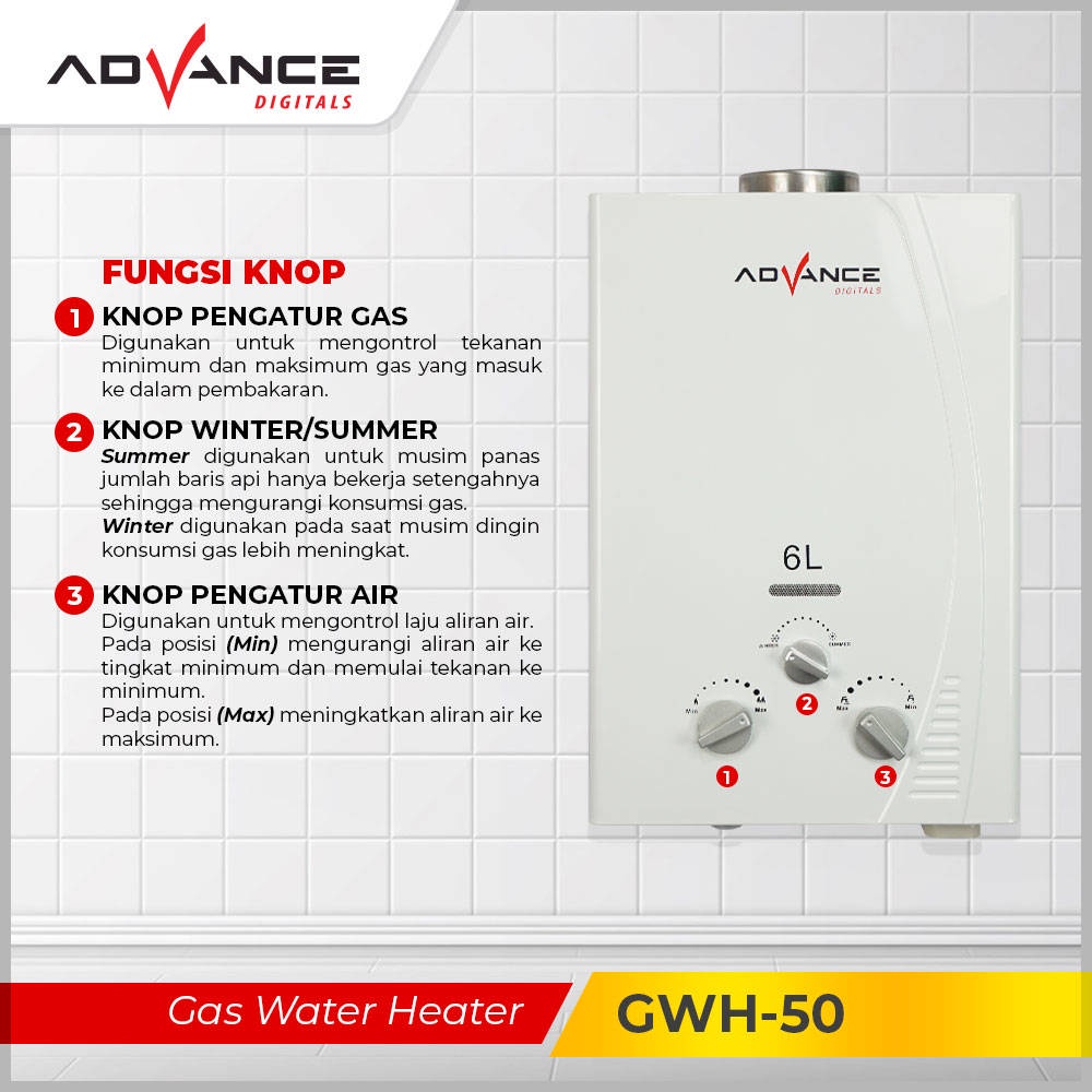 【Garansi 1 tahun】ADVANCE WATER HEATER GAS KAPASITAS 6 LITER