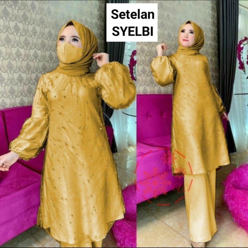 SET CELANA SYELBI MUTIARA, MOSCREPE TILE, GAMIS HIJAB MUSLIM, SETELAN, 3 UKURAN