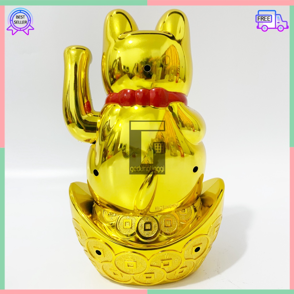 Patung Hiasan Dekorasi Boneka Pajangan Kucing Hoki Keberuntungan Lucky Cat Rejeki Maneki Neko Maneko Neki Emas Gold Tangan Gerak Goyang Baterai Batre Batrai Batrei Non Solar Listrik Cina China Jepang Meja Toko Kasir Size Ukuran Kecil Sedang Medium Besar