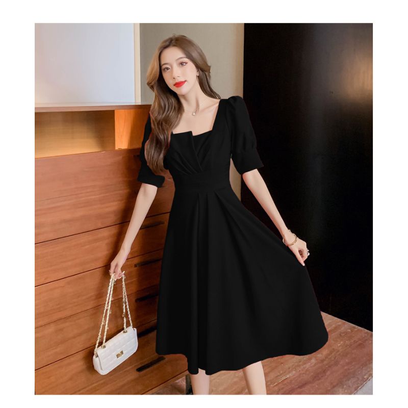 Dress wanita hitam model cantik katun korea lengan pendek elegant