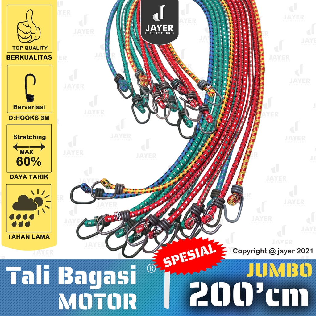 Tali barang di motor elastis Size Jumbo  2 meter / 200 cm pengait kawat Coated PVC