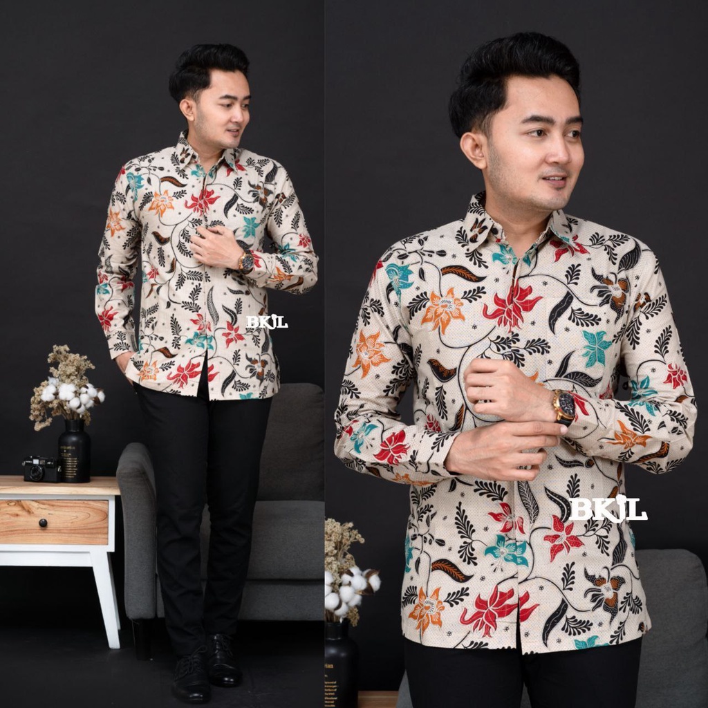 Kemeja Batik Pria Modern Lengan Panjang Casual Modis Slim Fit Trendy Masa Kini OL 162 size M L XL XXL