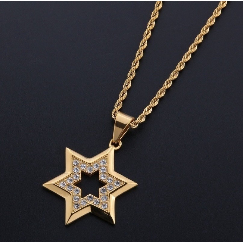 Kalung Rantai Liontin Bintang David Warna Emas Gaya Hip Hop Untuk Pria / Wanita