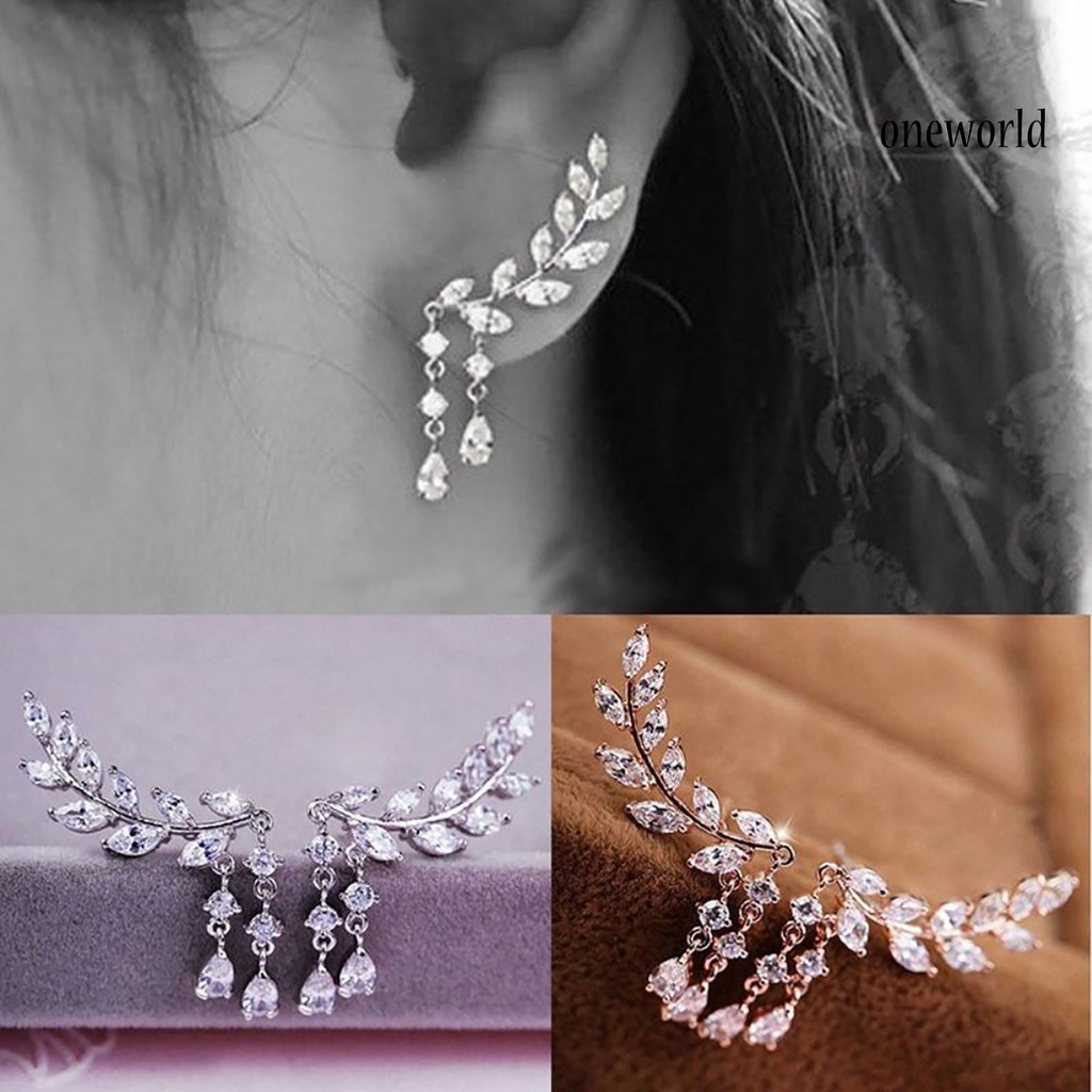 OW@ 1 Pair Women Leaves Shape Rhinestone Inlaid Water-drop Tassels Earrings Ear Studs Jewelry for Party