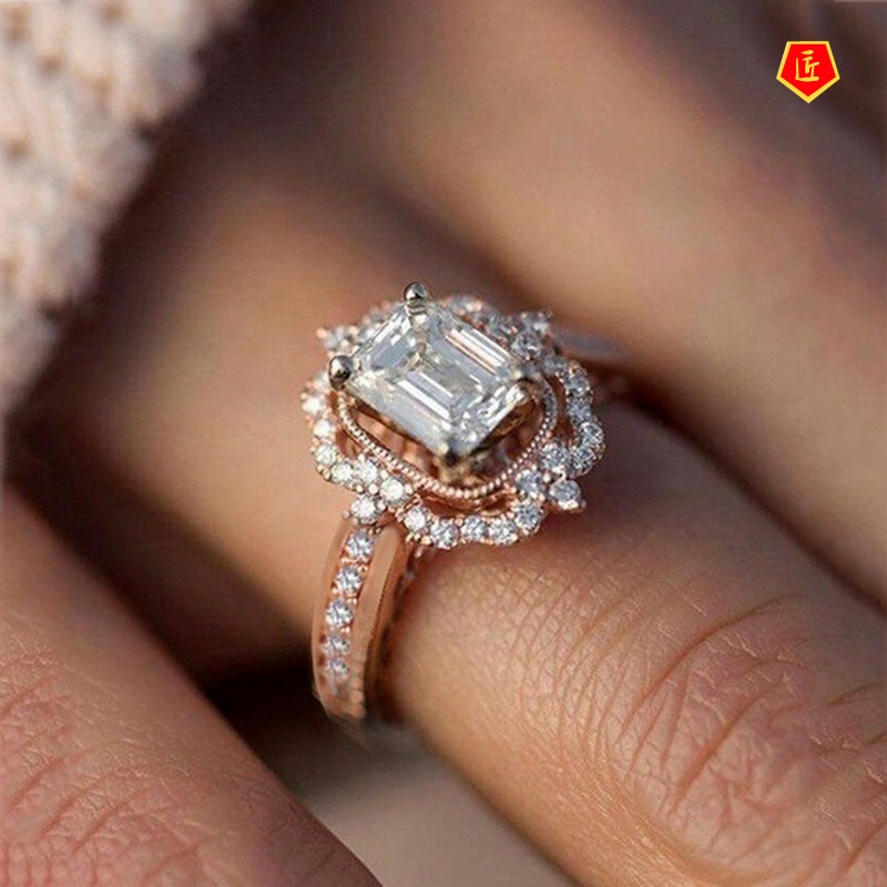 [Ready Stock]Rose Gold Square Diamond Ring Fashion Exquisite