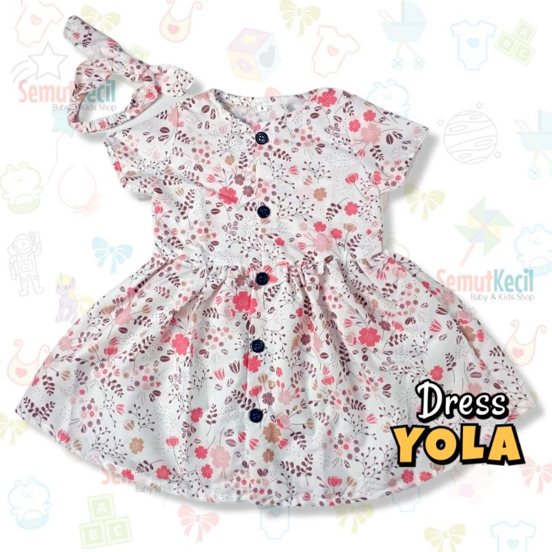 YOLA 1-4 THN DRESS ANAK BAYI PEREMPUAN KANCING DEPAN KATUN CATRA FREE BANDANA Baju Anak Bayi Perempuan Cewek Dres Baby Girl-C WhiteFloPink