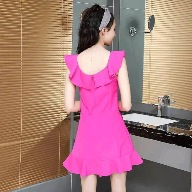 B003 dress korea dress pink  Korean Bodycon Sexy Mini Dress Square Neck Dress Wanita Lengan Pendek