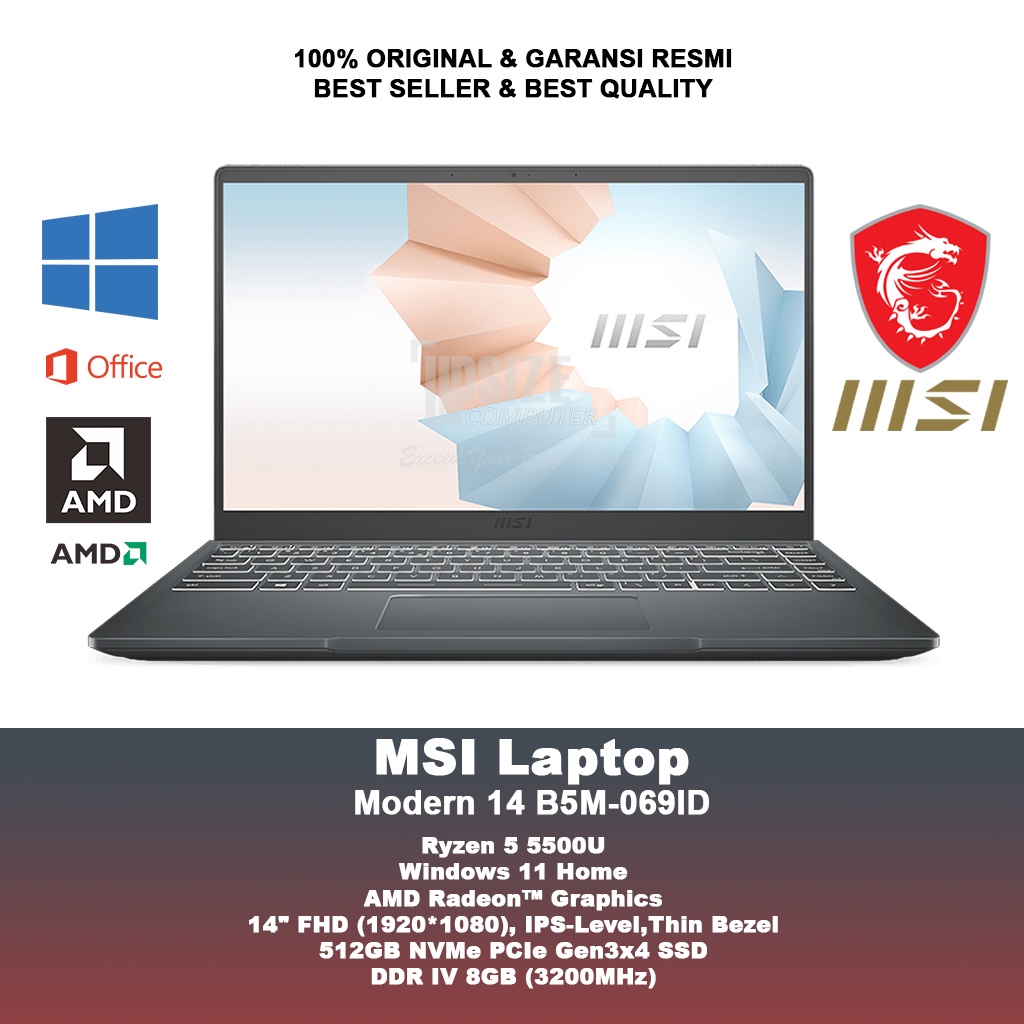 Msi Modern 14 B5M-069ID | Ryzen 5 5500U | 8GB | 512GB | 14" FHD | 2 Years