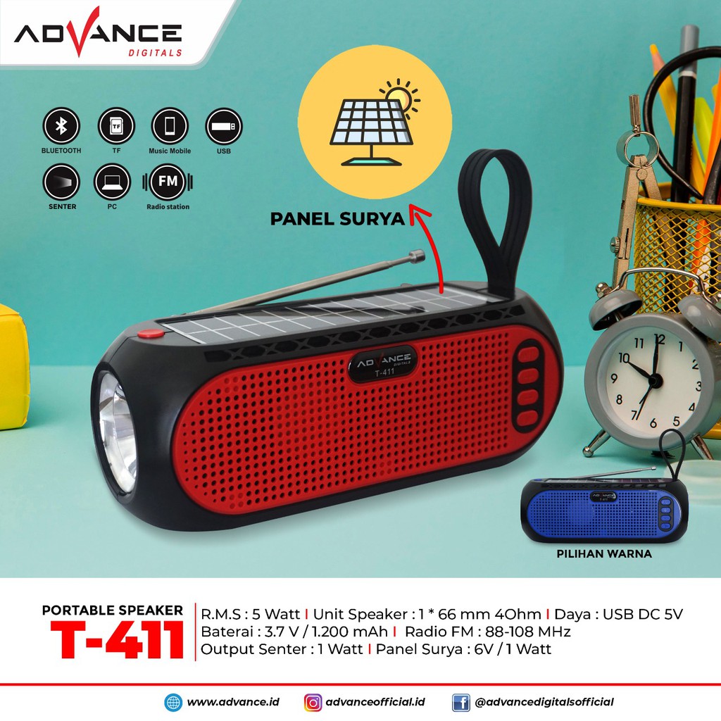 Speaker Advance blutot portable T411 dengan panel surya dan senter