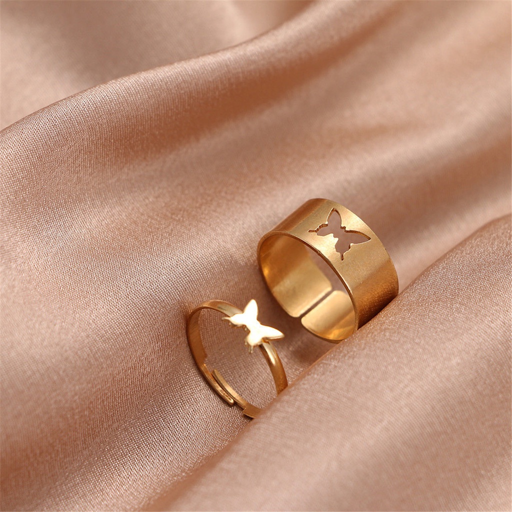 Set Cincin Model Terbuka Desain Butterfly Bintang Bulan Warna Emas Silver 17KM Dapat Disesuaikan Untuk Pasangan