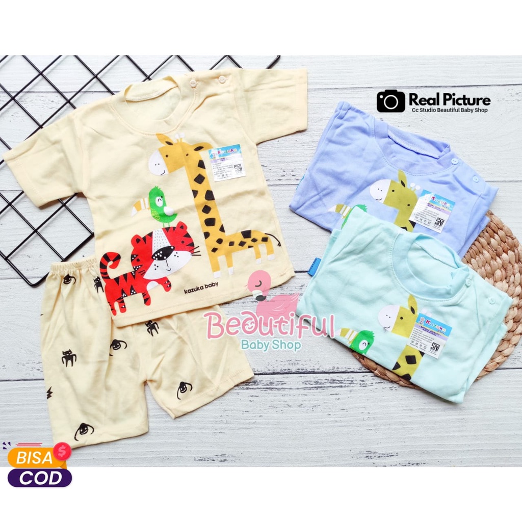 Setelan Pendek Bayi SNI 3-12 Bulan Motif Giraffe / Baju Bayi Pendek Kazuka / Setelan Harian Bayi / Kaos Oblong Bayi &amp; Anak Kancing Pundak / Beautiful Baby Shop