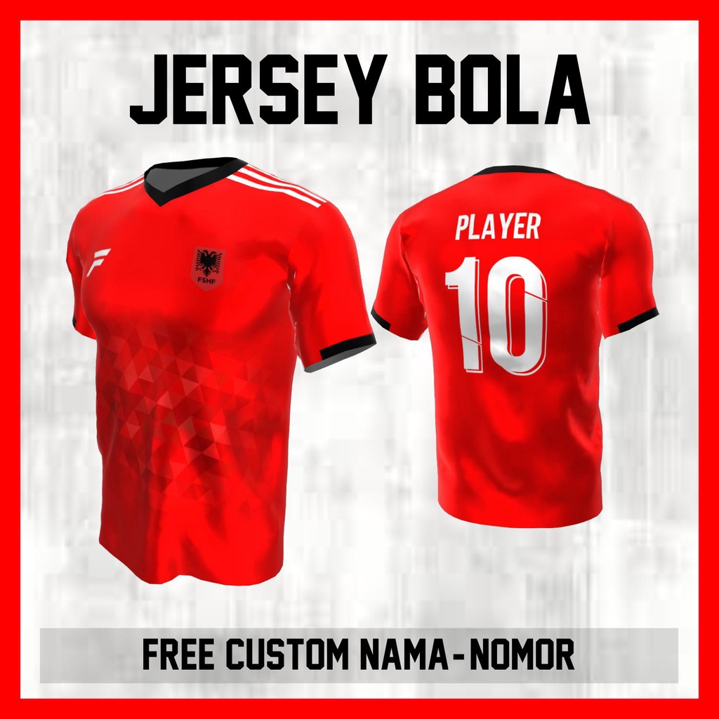 Kaos Bola Jersey Albania Timnas Negara Garis Bahu Baju Custom Nama dan Nomor Punggung - 236