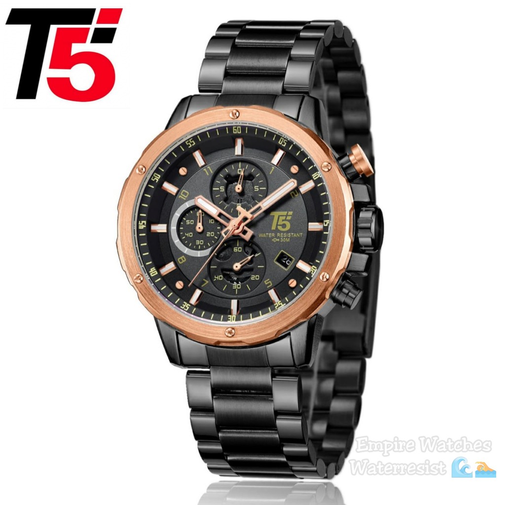Jam Tangan T5 H3588G H3588 3588 Pria Cowok Analog Chrono dan Tanggal Aktif Rantai Stainless Original