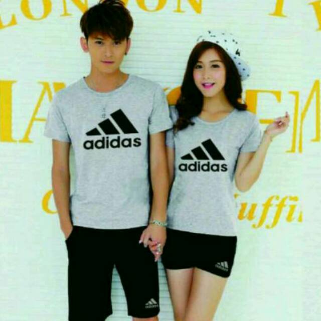BAJU PASANGAN FASHION PRIA COUPLE SETELAN WARNA ABU MUDA COWOK CEWEK SET ADIDAS PIRAMIDA KAOS KAPEL