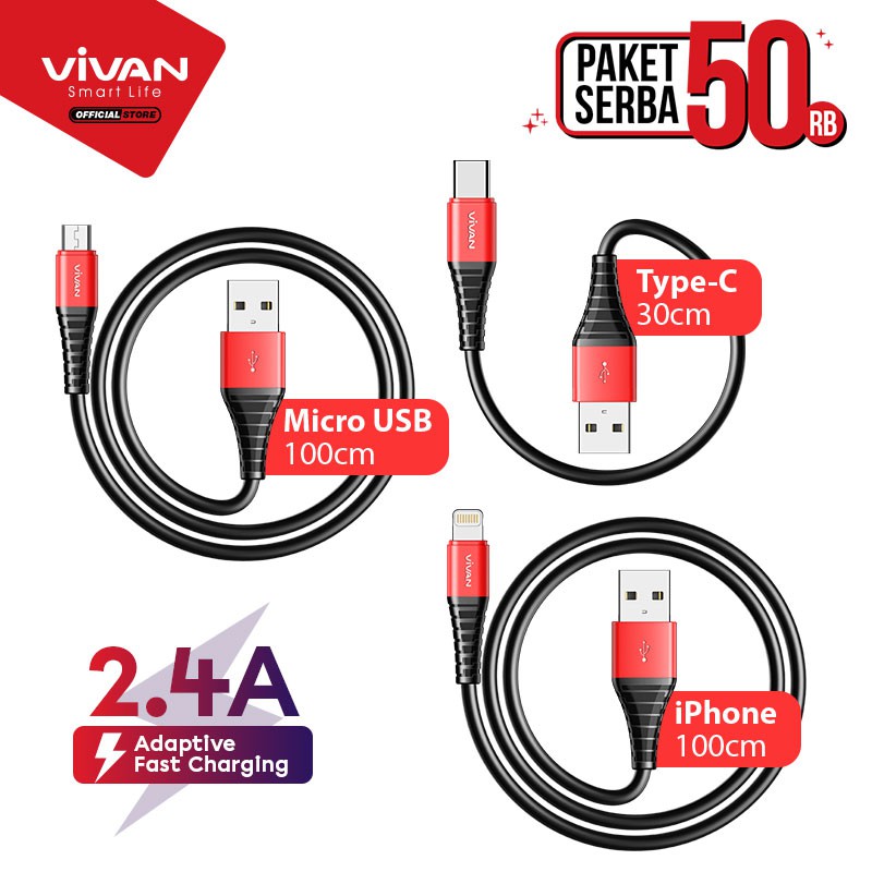 VIVAN Kabel Data USB Micro (100cm) + Kabel Type C (30cm) + Kabel iPhone (100cm) Garansi 1 Tahun