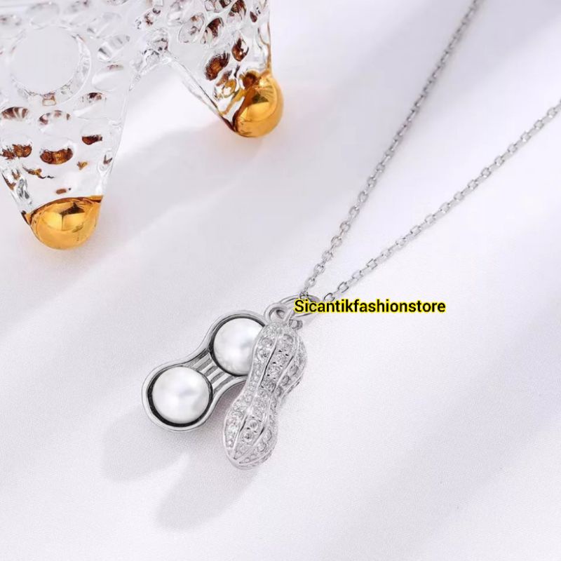 Kalung Titanium Wanita Liontin Kacang Mutiara Terbaru Terlaris Anti Karat Selamanya Kalung Wanita Liontin Perak Silver 925 Motif Kacang Kalung Wanita Korea Liontin Mutiara Kekinian Mewah Liontin Kacang Silver