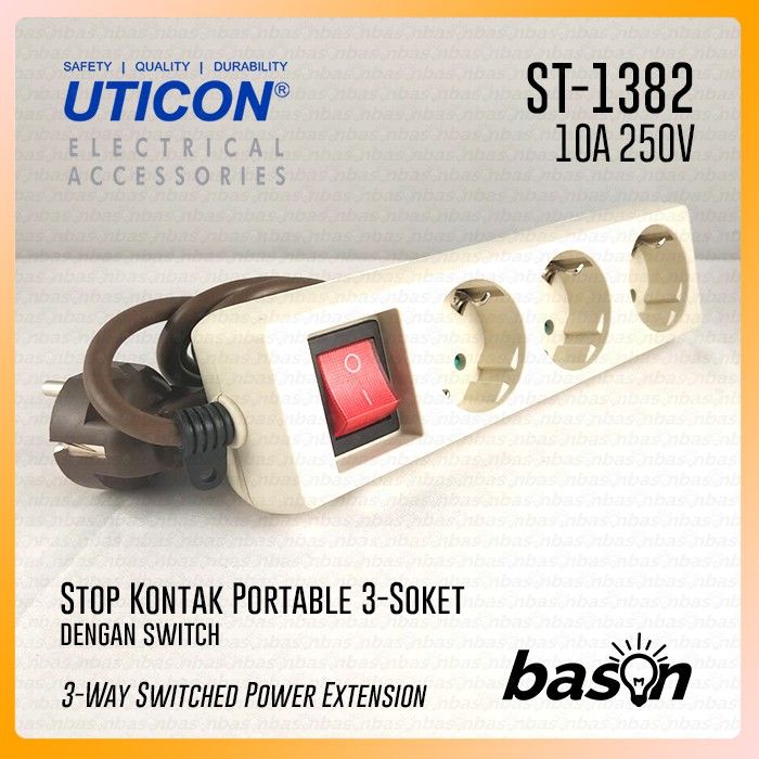 UTICON ST1382 Power Extension - Stop Kontak 3Lubang 1.5Meter Arde dengan saklar on off