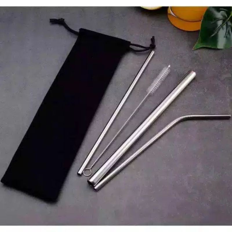 Sedotam Reusable Sedotan Stainless Steel 5 in 1 Drinking Straw Set Sikat Pouch