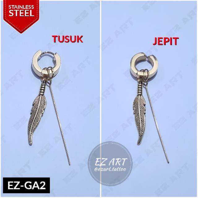 1Pc Model EZ-GA Gold Emas Anting Pria dan Wanita Jepit Tusuk Variasi Bandul Bulu Feather KPOP Punk