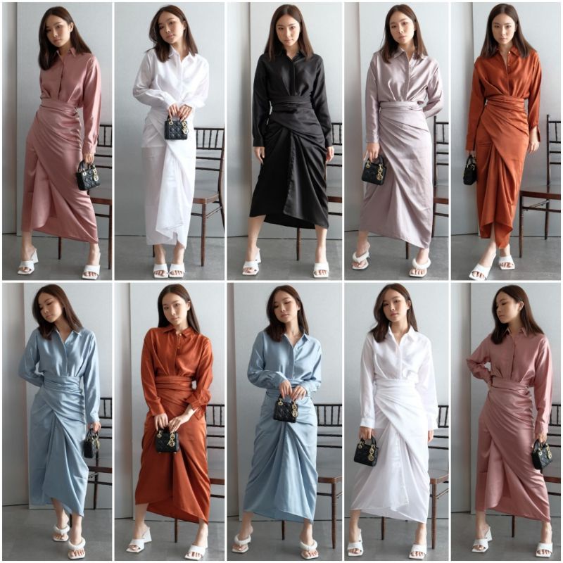 ❣️SPECIAL PRICE ♡ PREMIUM ♡ ORIGINAL ! CHRISTLE 2 IN 1 SET LONG SLEEVE COLLAR BUTTON WRAP MAXI  GAMIS / SETELAN KEMEJA &amp; ROK LILIT ( BUSUI &amp; HIJAB FRIENDLY )