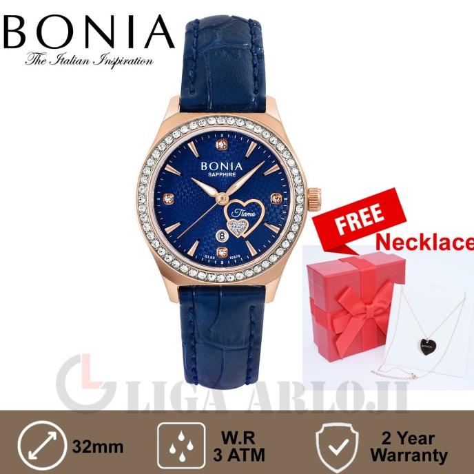 Bonia BNB10680-2582S Jam Tangan Wanita Analog Rose Biru Bonus Kalung barang ada