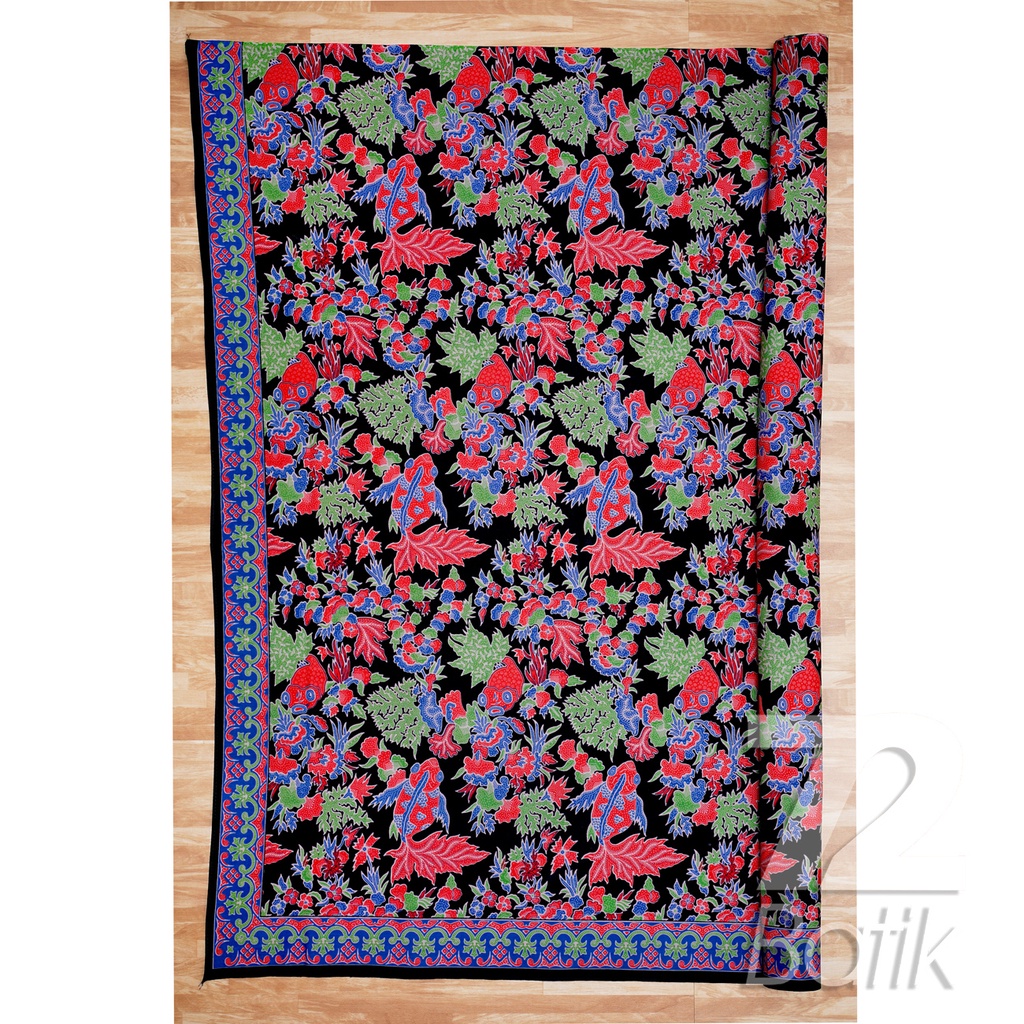 KAIN BATIK KATUN Premium Motif Ikan Koi Warna Hitam Biru Nila Hijau 723433 Cap 72 Jarik Jarit Samping Kebat Panjang Batik Katun Modern Premium Bahan Seragam Batik Pernikahan Kantor Keluarga Murah Kamen Jadi Batik Bali Lembaran