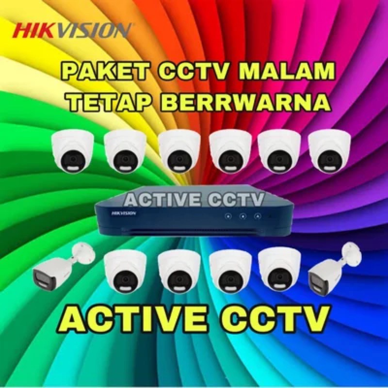 paket camera cctv 12 kamera hikvision 5mp dual light colorvu + audio 16 channel ch malam tetap berwarna colour 16ch