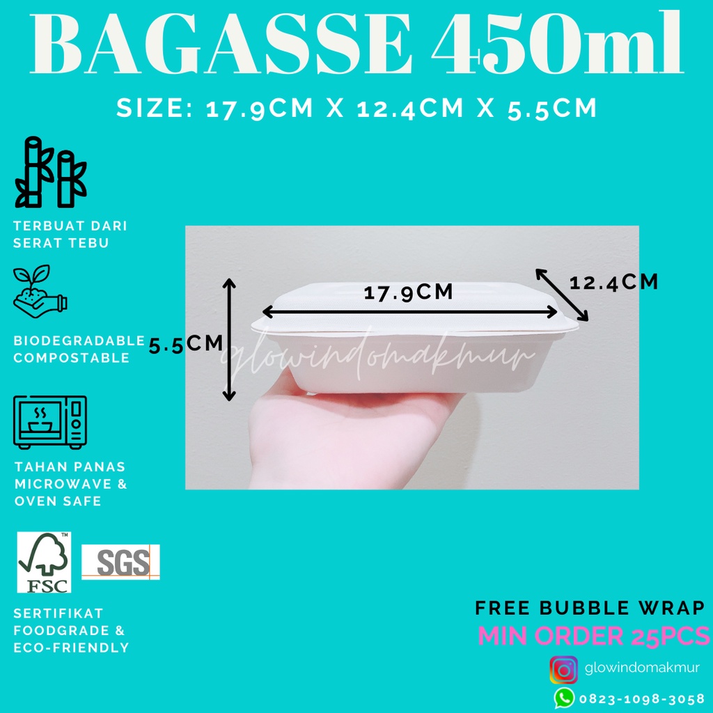 Bagasse Kotak 450ml Lunchbox Takeaway Sugarcane Serat Tebu ECO FRIENDLY