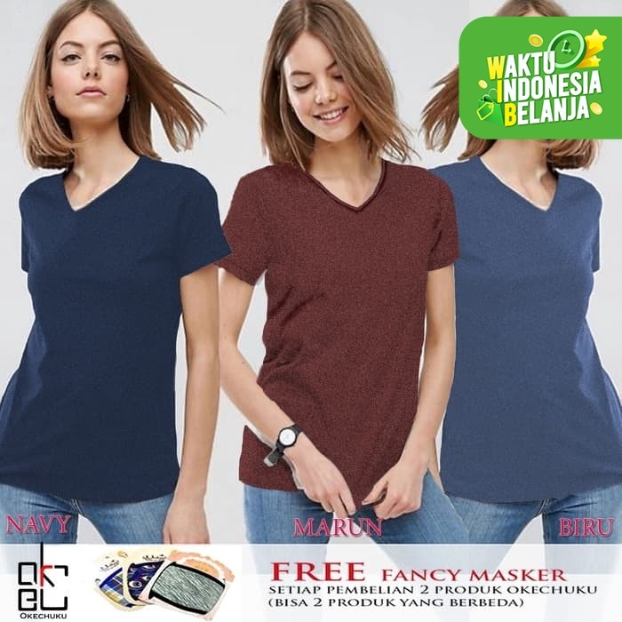 Sheshop - Vioree Size XXL Kaos Leher V Wanita Woman V Neck T Shirt - Twotone Abu Tua