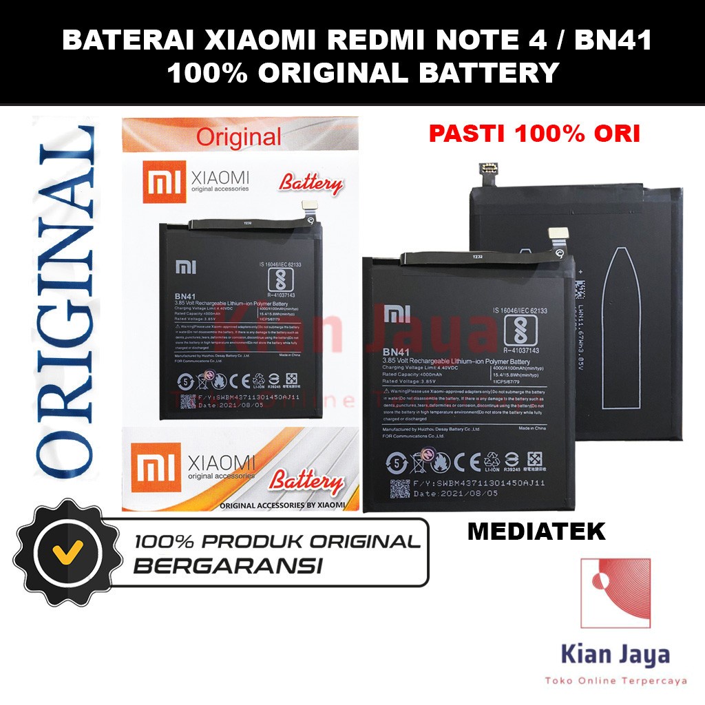 [Garansi 100% Ori] Baterai Original Xiaomi Redmi Note 4 Mediatek BN41 Batre Batrai Battery Hp Xiao Mi BN 41 Original