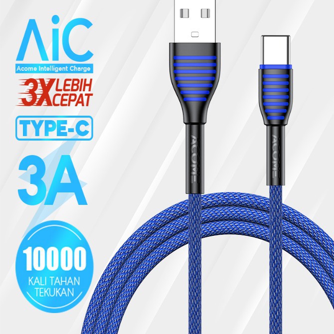 KABEL DATA TYPE C ACOME FAST CHARGING KABEL BULAT ASC-010 GARANSI RESMI