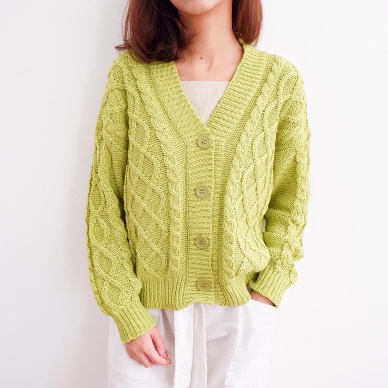 Vintage House Cross Crop Cardi (Cardigan Rajut Cable Wanita Korea / Korean Cardigan)-Green Lime
