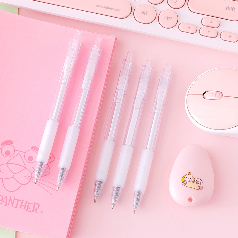 Pulpen Alat Tulis Bolpen 0.5 mm Warna Hitam desain simple elegan Cover putih bantalan Sekolah Pencetan Tekan Polos