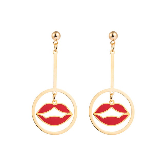 LRC Anting Tusuk Fashion Red Red Lip Hollow Stainless Steel Long Drop Oil Earrings D94821