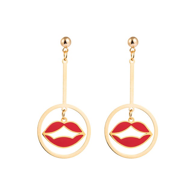 LRC Anting Tusuk Fashion Red Red Lip Hollow Stainless Steel Long Drop Oil Earrings D94821