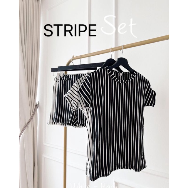FS 9-044 Stripe Setelan Atasan dan Celana Pendek Scuba