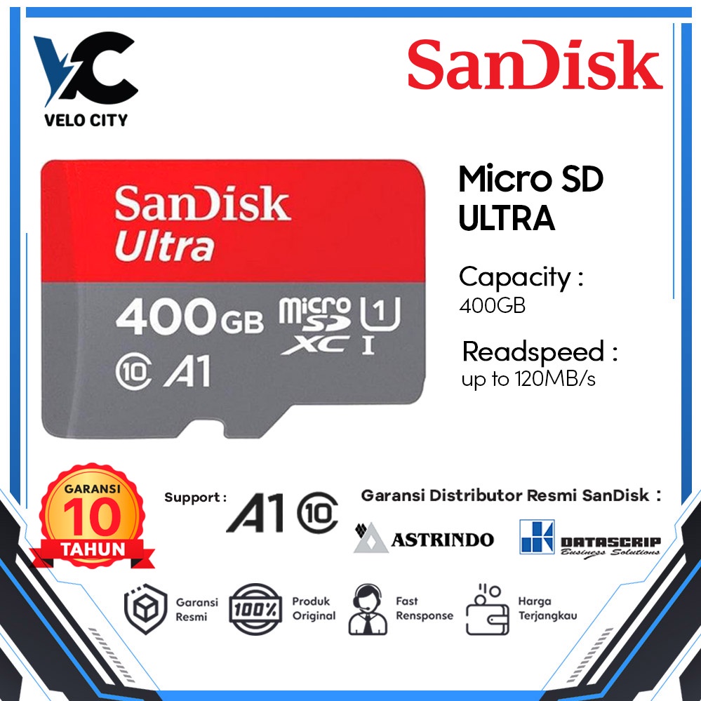 Memory Card Micro sd 400Gb Sandisk 100Mbps A1 NA Original Garansi 10 Tahun