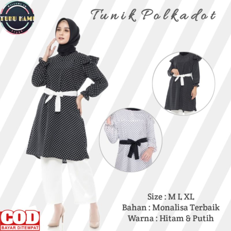 Tunik Wanita Baju Atasan Lengan Panjang Kekinian Tunik Polkadot Atasan Tunik Monalisa Jumbo Terbaru