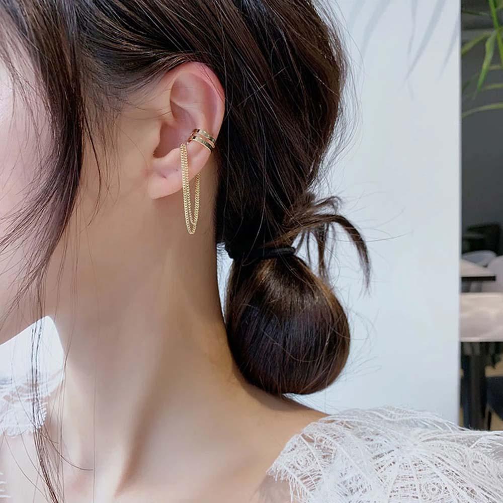 Anting Klip Agustinina Temperamen Emas Rumbai Panjang Multilayer Tanpa Tindik Alloy Hook Clip