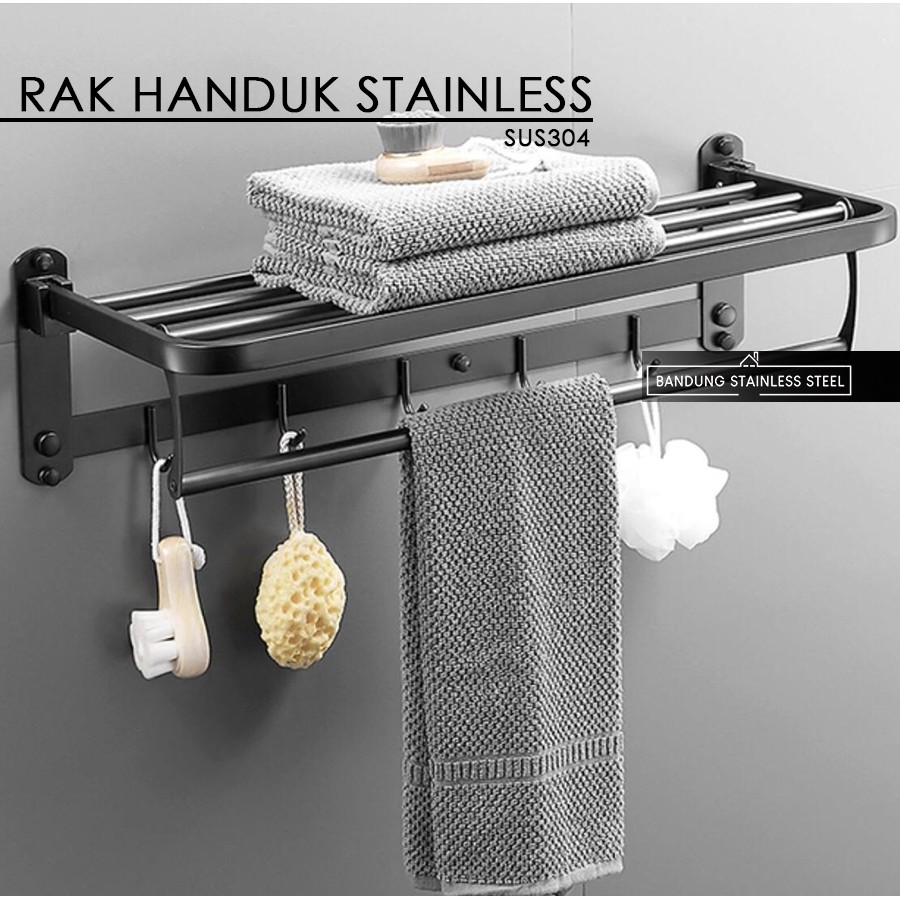 sus 304 Rak tempat handuk lipat stainless steel 5 baris plus kait 918 kamar mandi SILVER Hitam