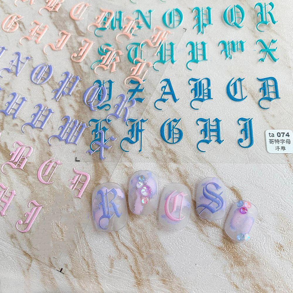 AUGUSTINA Agustina Alphabet Nail Art Sticker Kreatif Gothic Alfabet Relief 5D Manikur Aksesoris